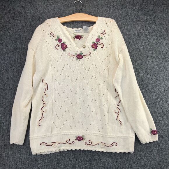 Capacity Woman Knit Pullover Sweater Size 2X White Embroidered Floral 1/4 Button - Picture 2 of 12
